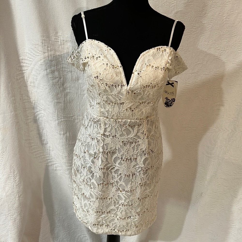 Way In Clothing Co ivory‎ and gold lace dress, size 9, NWT